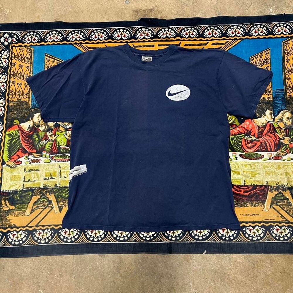Vintage navy nike tshirt Wraparound Nike swoosh Size xl made in USA aop 90s